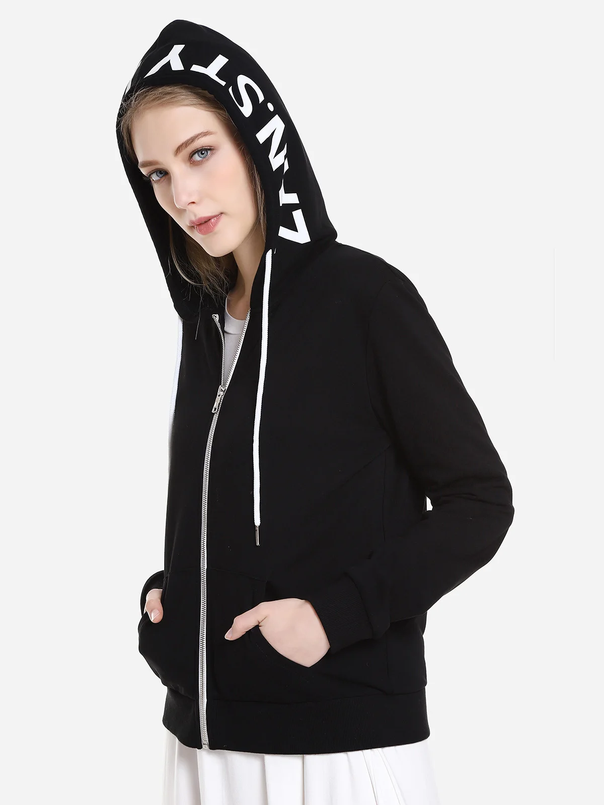ZAN.STYLE Spring Women Contrast Drawstring Zip Up Fleece
