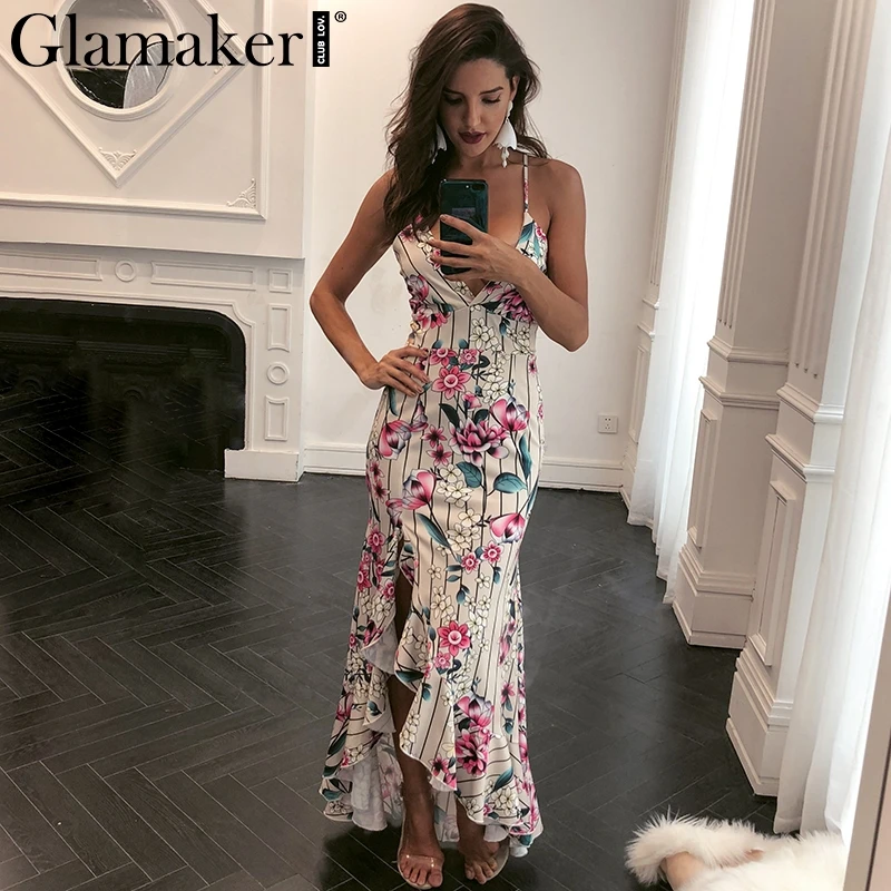 Женское платье с цветочным принтом Glamaker длинное пляжное разрезом и оборками