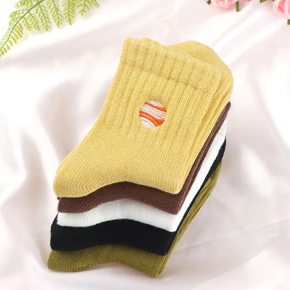 Soft Autumn Winter Women Warm Socks Cartoon Embroidery Planet Pattern Cotton  Comfortable Socks
