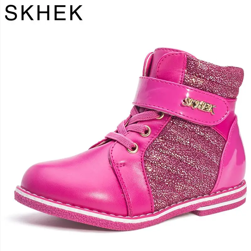 SKHEK/Новые осенне-зимние детские ботинки; модные водонепроницаемые ботинки из искусственной кожи для девочек; От 4 до 8 лет на плоской подошве; детские зимние ботинки; Теплая обувь для девочек - Цвет: Красный