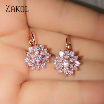 ZAKOL Fashion Rose Gold Color Hoop Earrings Flower Cluster Clear Crystal Zirconia Earrings For Women Jewelry Brincos FSEP609