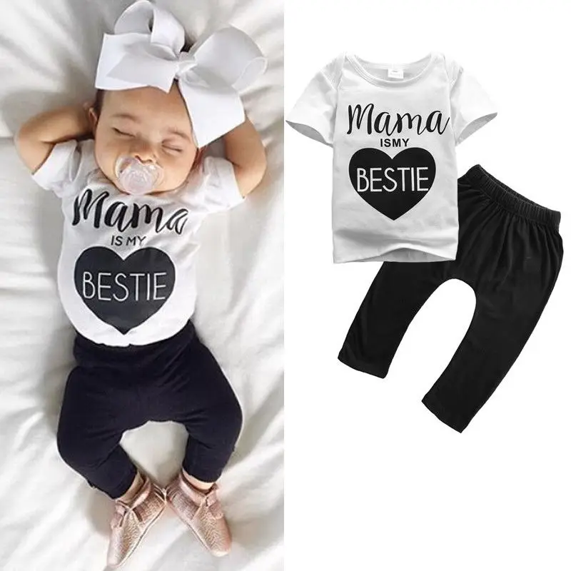 

MAM IS MY BESTIE Letter 0-24M 2017 New Summer Newborn Infant Kids Baby Girls Cute Heart T-shirt + Long Pant Outfit Clothes Set