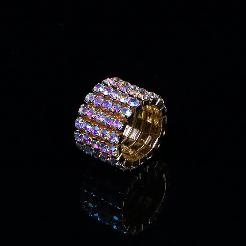 TDQUEEN 1-5 Rows AB Crystal Rings Gold Color Metal Bridal Wedding Rhinestone Elastic Stretch AB Stone Rings for Women (6)