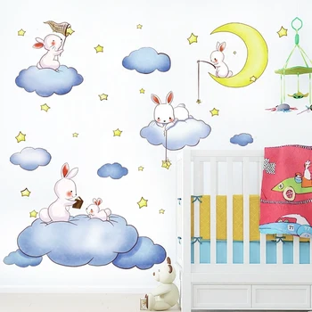 

Cartoon Clouds Rabbit Wall Stickers For Kids Rooms Baby Bedroom Wereldkaart Home Decor Moon The Stars Wall Decals muursticker