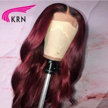 KRN 1b/99j волнистые 13x6 синтетические волосы на кружеве парики предварительно выщипанные кружевные передние красные бордовые модные Remy бразильские парики для женщин