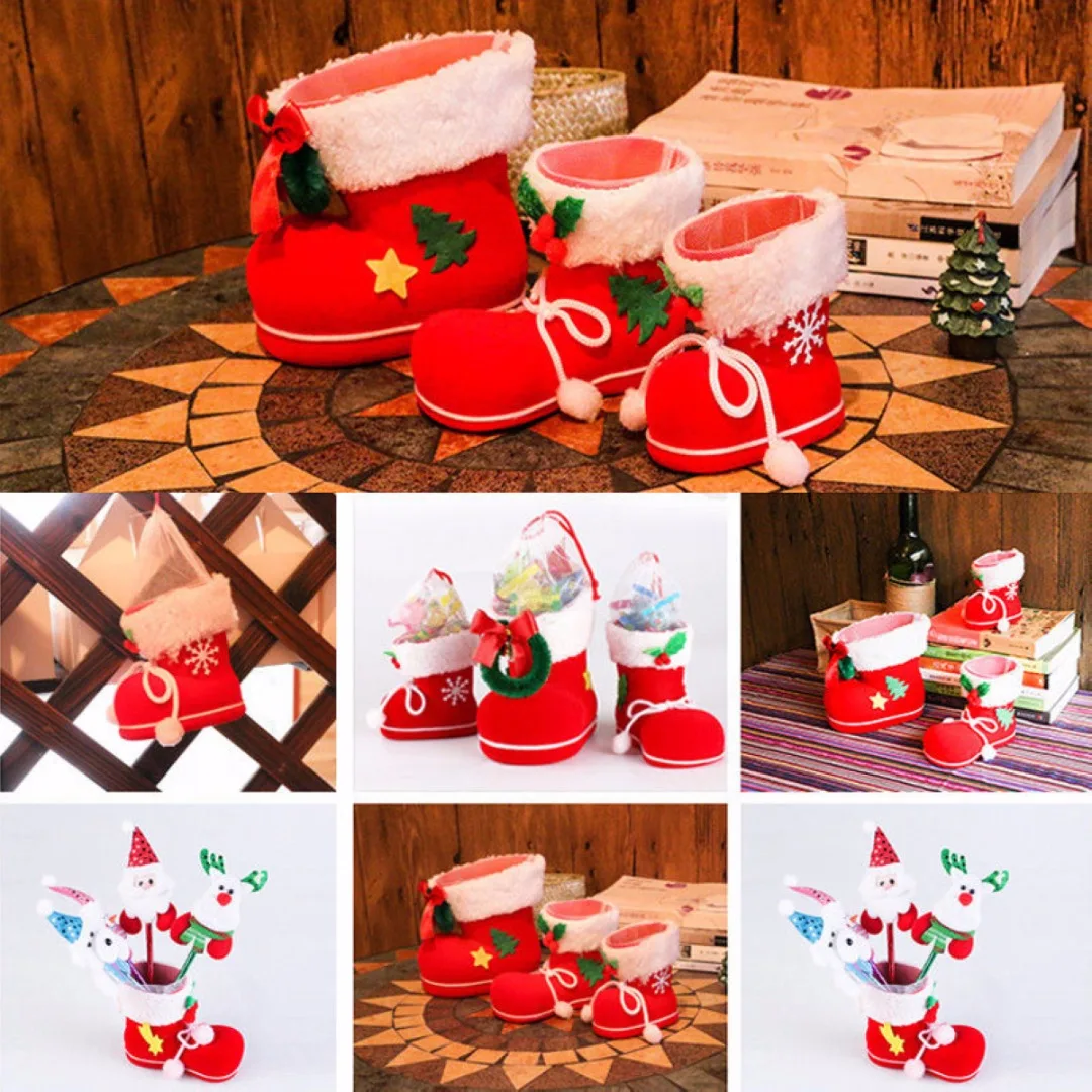 S/M/L Red Christmas Flocking Boots Socks Candy Box Christmas Tree Decoration Home Ornaments Laser Package Supplies