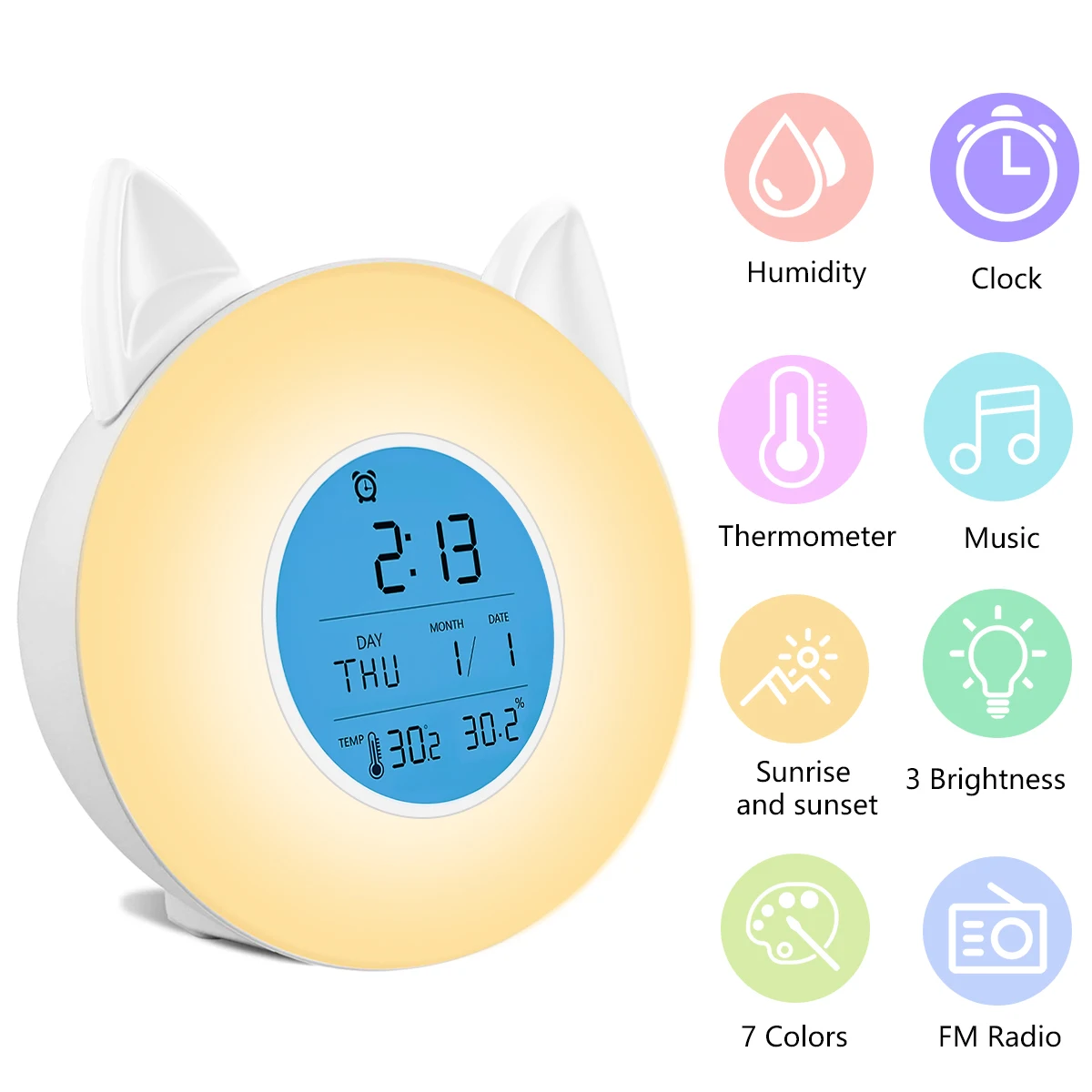 Многофункциональный пробуждающий Свет Ночной свет проект lcd Музыка FM радио 3 brightnress 7 цветов будильник с термометром гигрометр