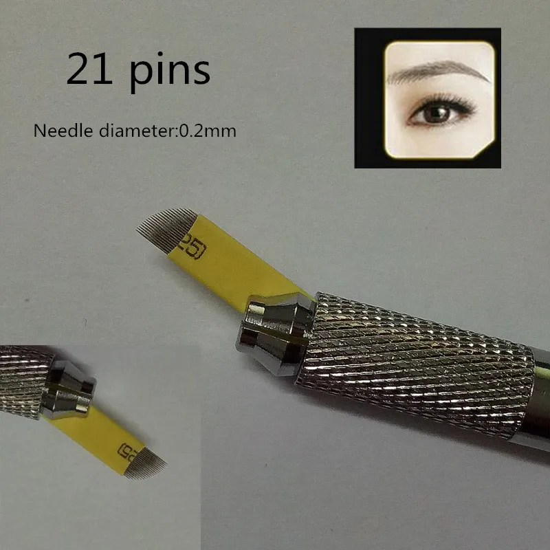 

100 PCS Permanent Makeup Manual Eyebrow Tattoo Bevel Blades yellow 21 Needles