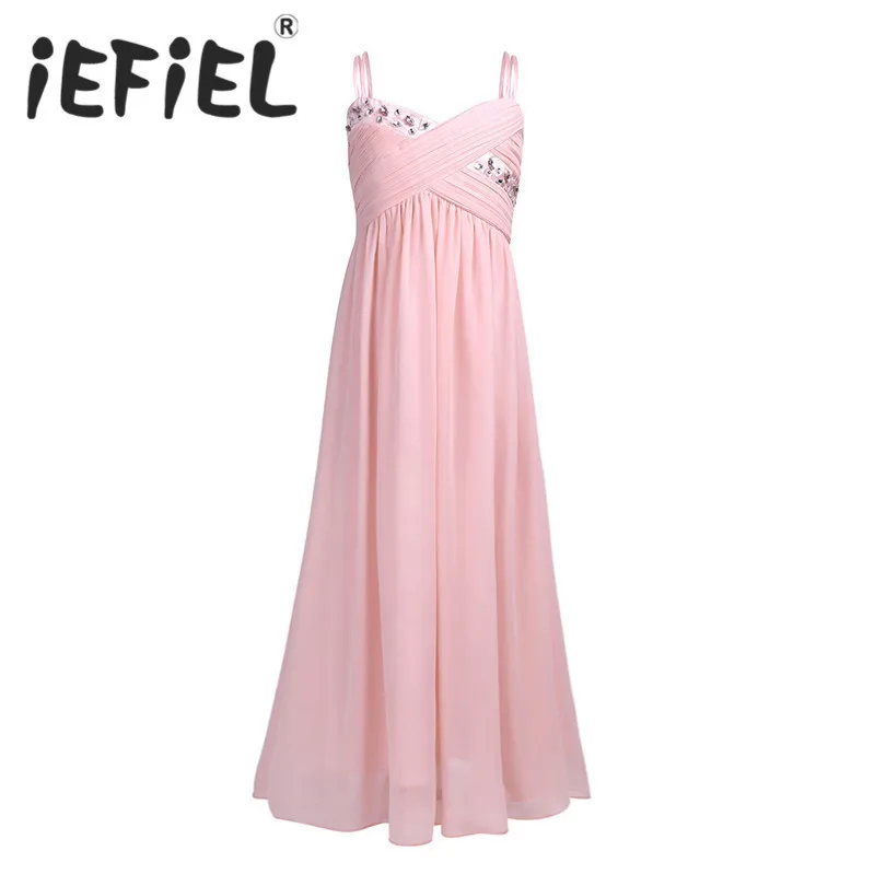 

iEFiEL Girls Flower Summer Dress for Wedding Party Girls Children Floral Rhinestones Pleated Chiffon First Communion Bow Dress