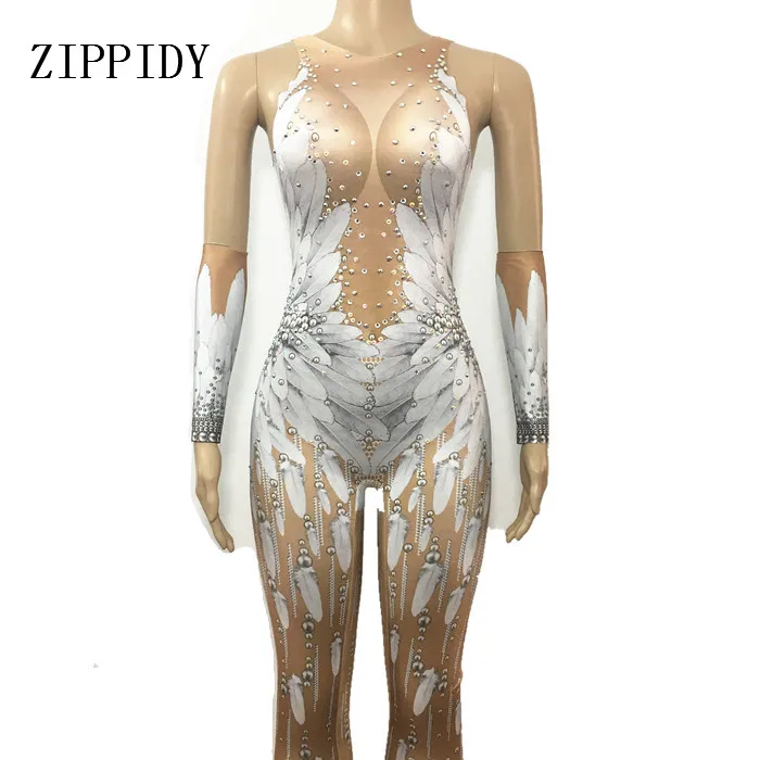 

Crystals Wings Angel Jumpsuit White Feather 3D Printed Bodysuit Nigthclub Singer Dance Outfit Rhinestones Stage Rompers