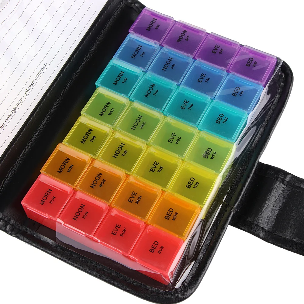

1PC Portable 28 Grids Pills Storage Tablet Pill Case Medicine Organizer Rainbow Color with PU Bag Healthy Care Accessorices