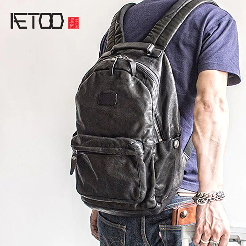 

AETOO Fashion Street trend leather shoulder Baotou layer cowhide male backpack
