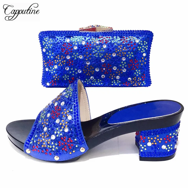 

High Quality African High Heels Woman Shoes And Purse Set For Party Nigerian Women Wedding Blue Color Shoes and Bag Set TX-867