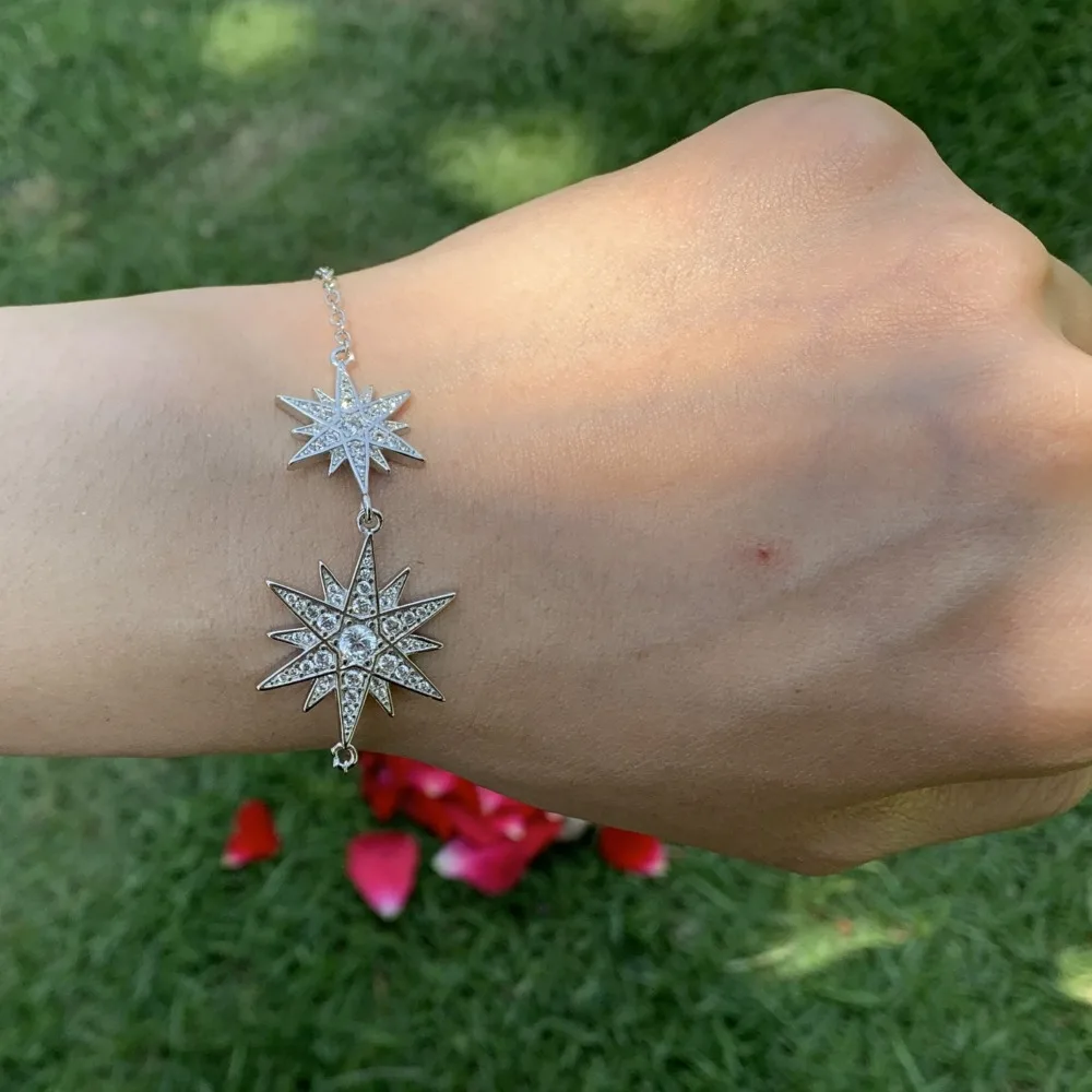 

2019 New Arrival Stunning Luxury Jewelry 925 Sterling Silver Pave White Clear 5A Cubic Zirconia CZ Double Star Wedding Bracelet