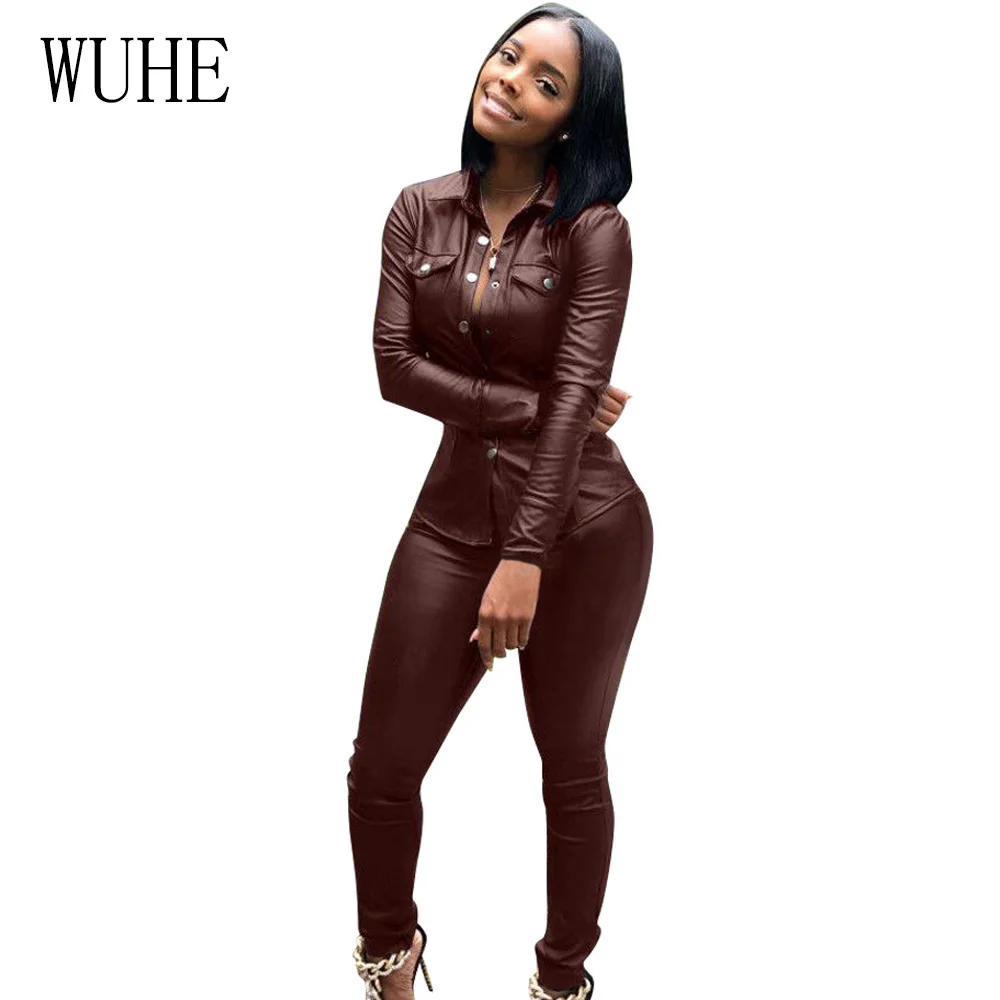 WUHE Plus Size S-XXXL Two Pieces Sets PU Leather Shirt+ Pant Rompers Womens Jumpsuit Solid Turn Down Collar Overalls Bodysuit