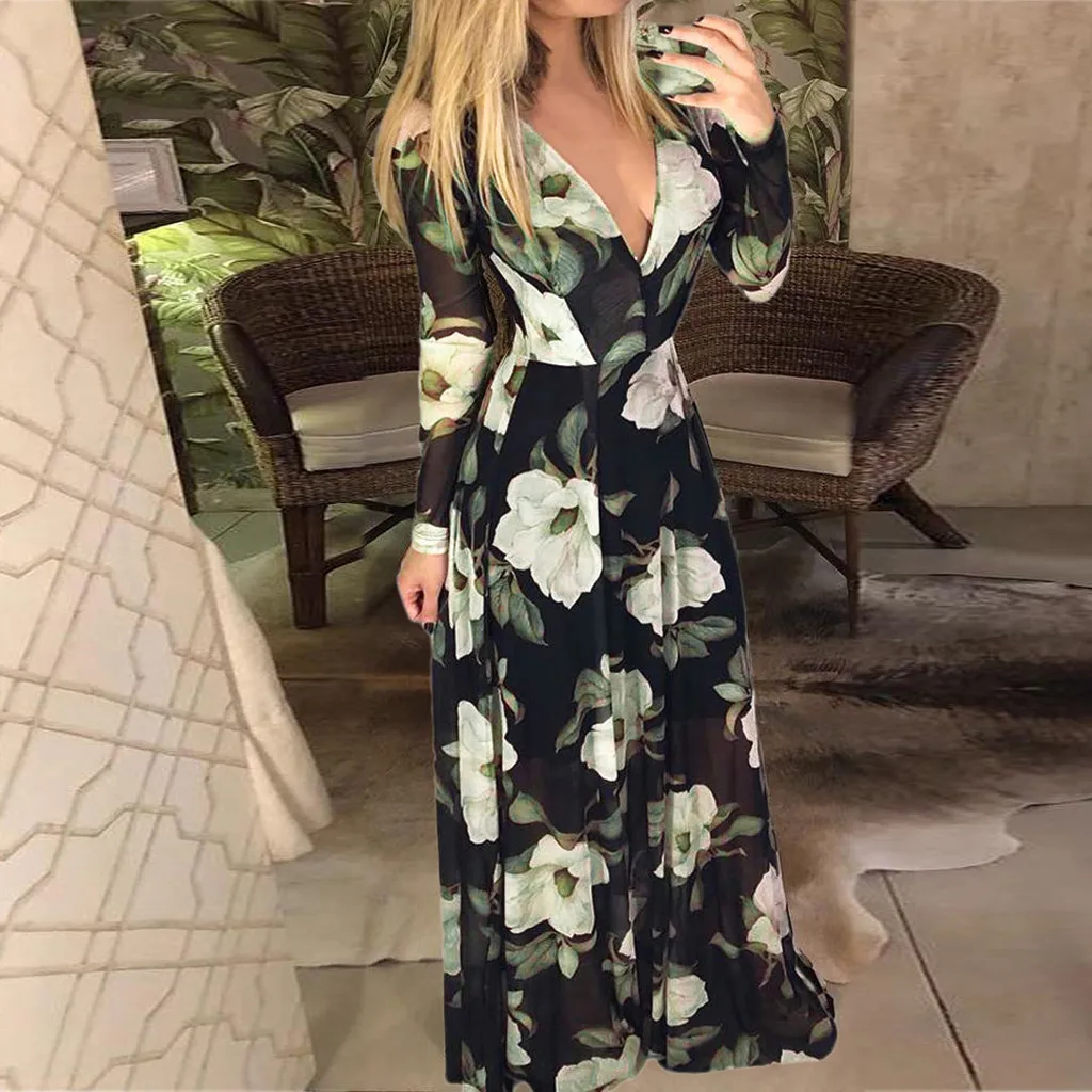 

Fashion Women Winter Dresses Floral Print Long Sleeve High Waist V-neck Zipper Long Dress Maxi Dresses Vestido Invierno Mujer