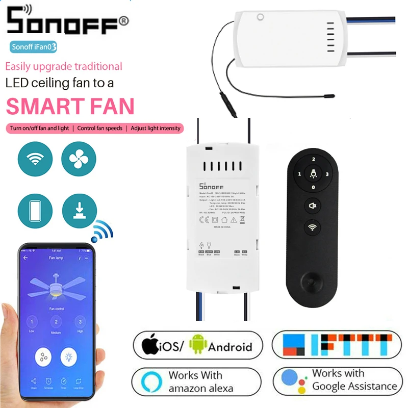 

IFan03 SONOFF Wi-Fi Ceiling Fan and Light Controller with 433 RF Smart Remote app Control Works with Alexa Google Home Via