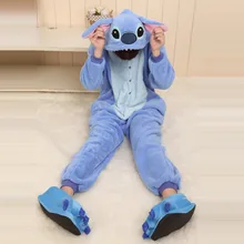 Унисекс для взрослых пар мультфильм синий Стич комбинезоны пижамы Осень Зима полный рукав костюм с капюшоном пижамы