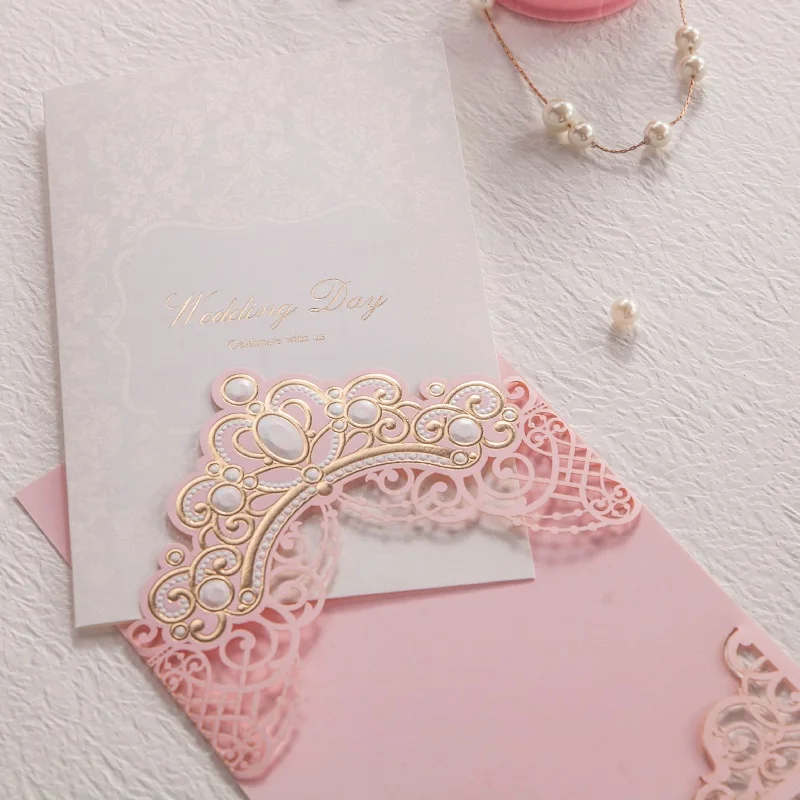 Royal Pink Laser Cut Wedding Invitations Cards With Gold Embossed