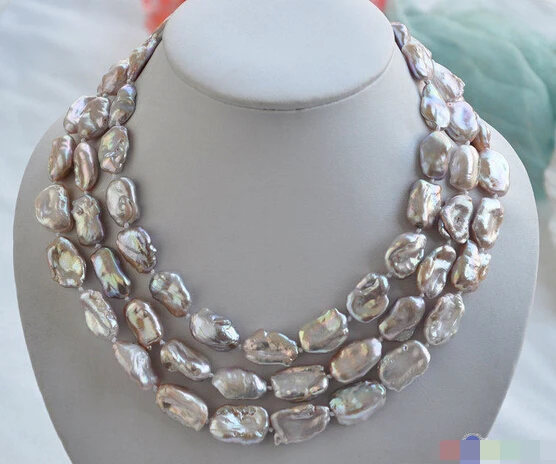 

HOT## Wholesale >>> P4238 3row 20mm LAVENDER BAROQUE KESHI REBORN biwa PEARL NECKLACE