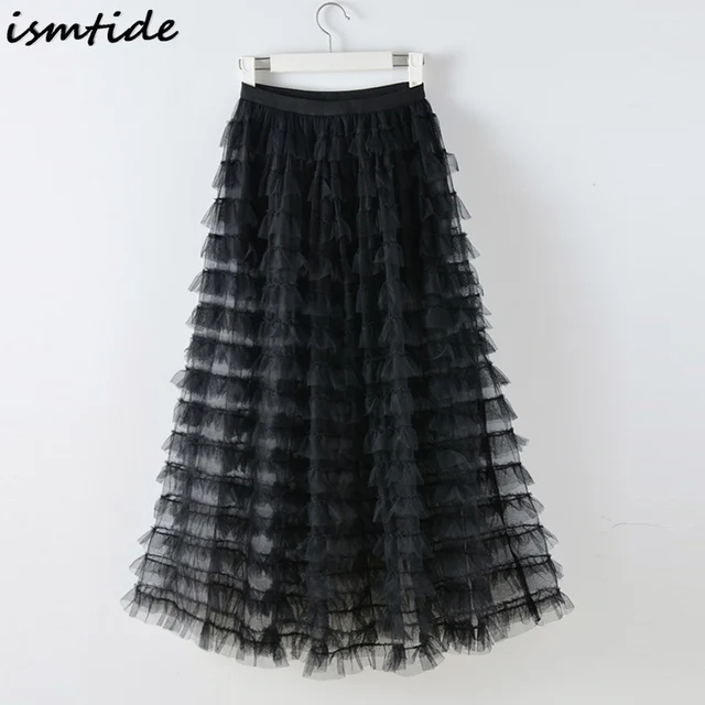 Spring Summer 2017 New Women Sweet Skirt Cut Out Lace Patchwork Cascading Ruffle Skirt Ruffled Skirt European American Style
