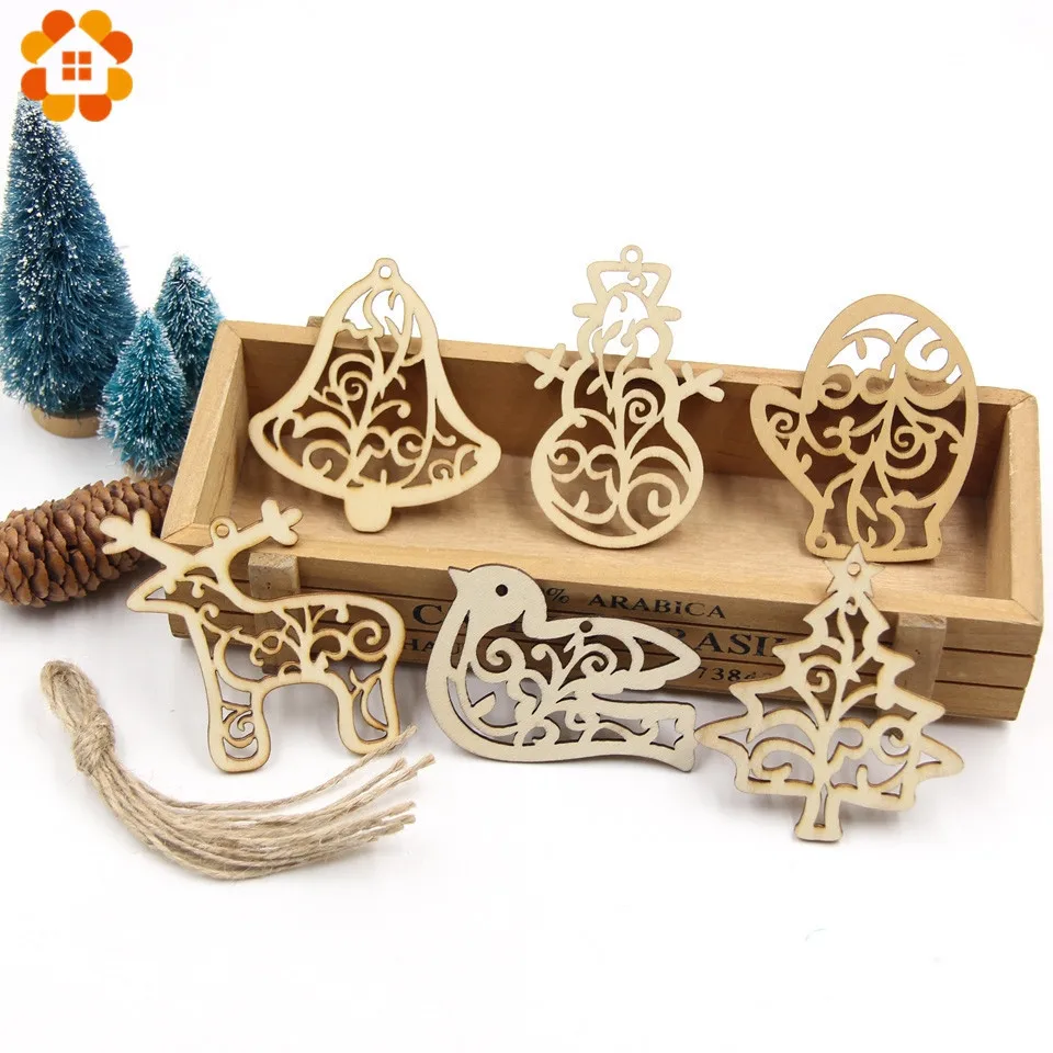 

6PCS DIY Hollow Wooden Christmas Ornaments Pendants Wood Crafts Hanging Xmas Tree Ornament Kids Gift Christmas Party Decorations