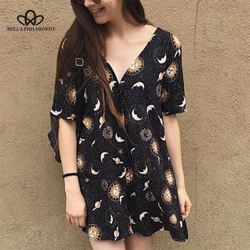 Wonder 2019 new Spring Casual Women Dress  A-Line Office Lady Print Female Clothes Short Sleeve Above Knee V-Neck Dress