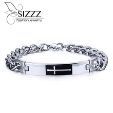 Высококачественный популярный серебряный браслет из нержавеющей стали, кубинская цепочка, черный крест, 8 мм, широкий ID/идентификационный браслет унисекс для мужчин
