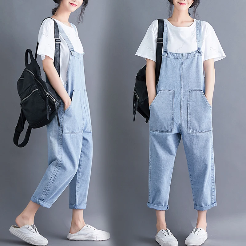 

#4006 Spring Summer Vintage Denim Jumpsuit For Women Off The Shouder Big Pockets Lady Jeans Overalls Loose Sling Jumpsuits Femme