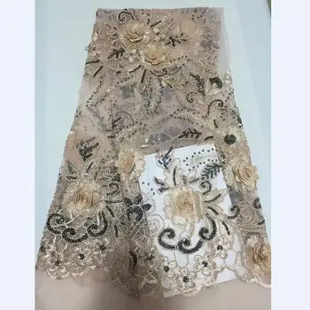 

African Cream Applique Flower French Tulle Lace Embroidery Mesh Lace Fabric with Bead and Sequin for Lady Dress - LA30