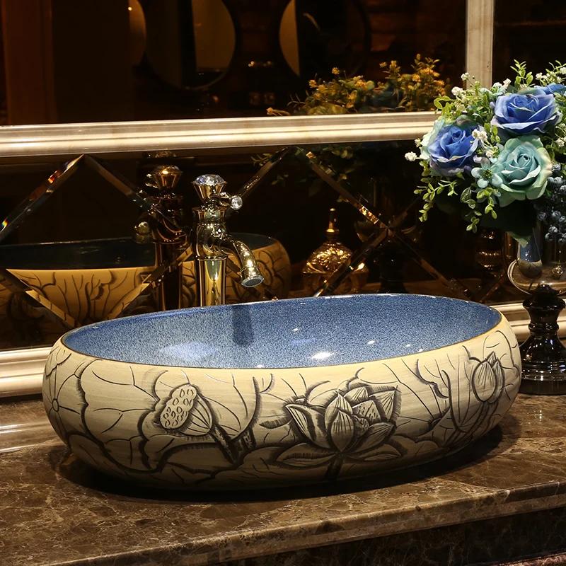 Oval shape China Artistic Europe Style Counter Top porcelain wash basin bathroom sinks ceramic art vessel sink (3)