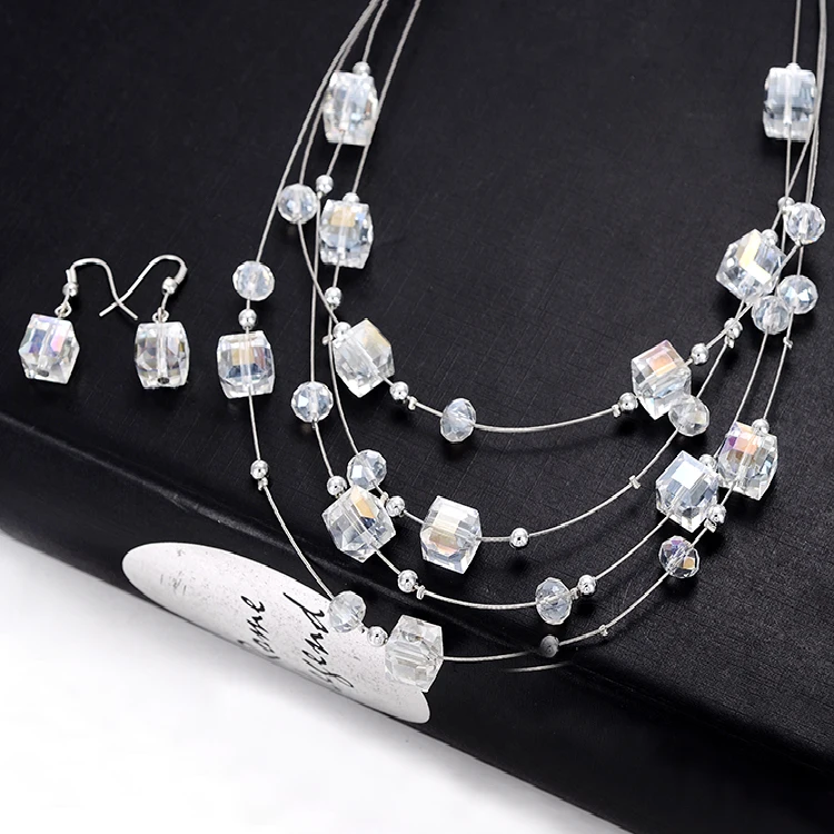 Vintage Bohemian Beads Multilayer Crystal Necklace with Earrings Set