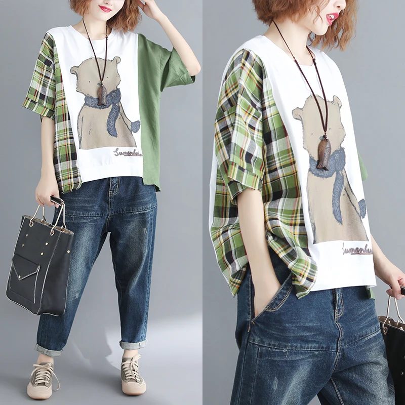 

2019 Summer New Arrival Women Fashion Korea Style Oversize Bear Printing Plaid Round Neck T-shirts BF Style Casual Chic Top Tees