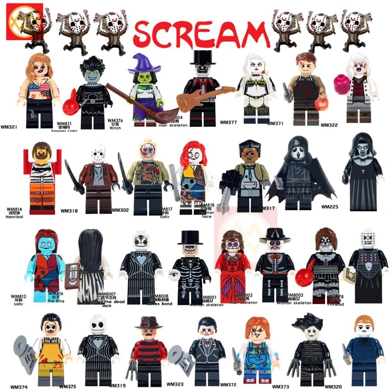 

Single Horror Movie Halloween Toys Scream Friday the 13th sally Jack Skellington Vitruvius Ghost Building Blocks Children Gift
