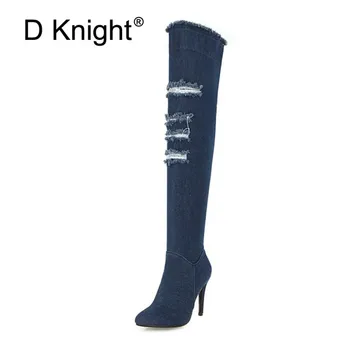 

Large Size 33-48 Sexy Blue Denim Boots Women Fashion Over The Knee Boots Pointed Toe Thigh High Boot Cowboy High Heel Long Boots
