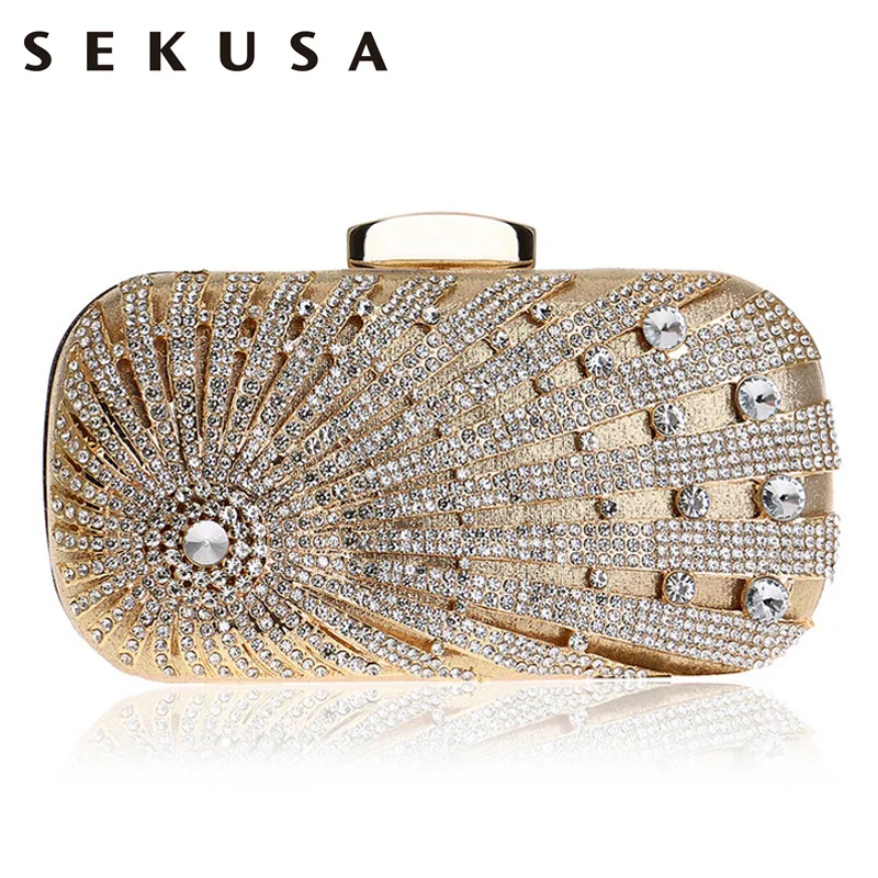 SEKUSA New Design Flower Crystal Metal Women Evening Clutch One Side Rhinestones Chain Handbags Party Wedding Bridal Purse