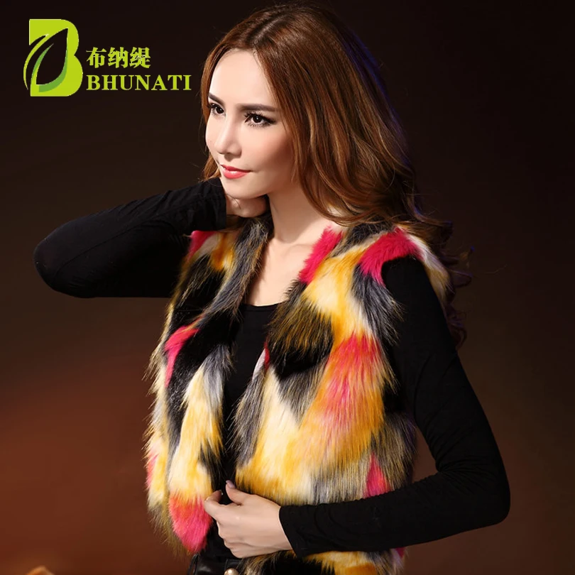 BHUNATI Multicolor Short Faux Fur Vest Coat Sleeveless Colorful Overcoat Artificial Fur Coats Slim Furry Vest For Lady