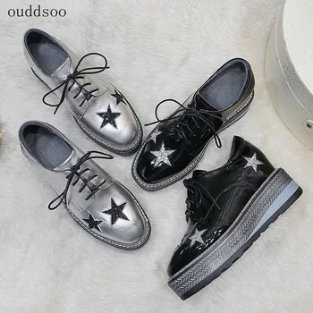 

Genuine Leather Women's Lace-up Casual Shoes High Platform Chunky 2018 Fashion Women Pumps Thick Sole Stars Lace Woman Footwear