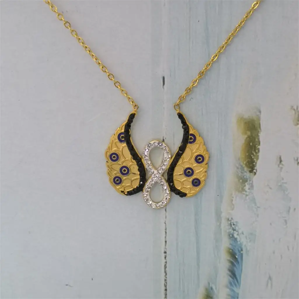 

ISIS ECO-Certification Good Stainless Steel Necklace 45cm Curb Chains 22MM White/Black Rhinestons Wings EYES INFINITY Pendant