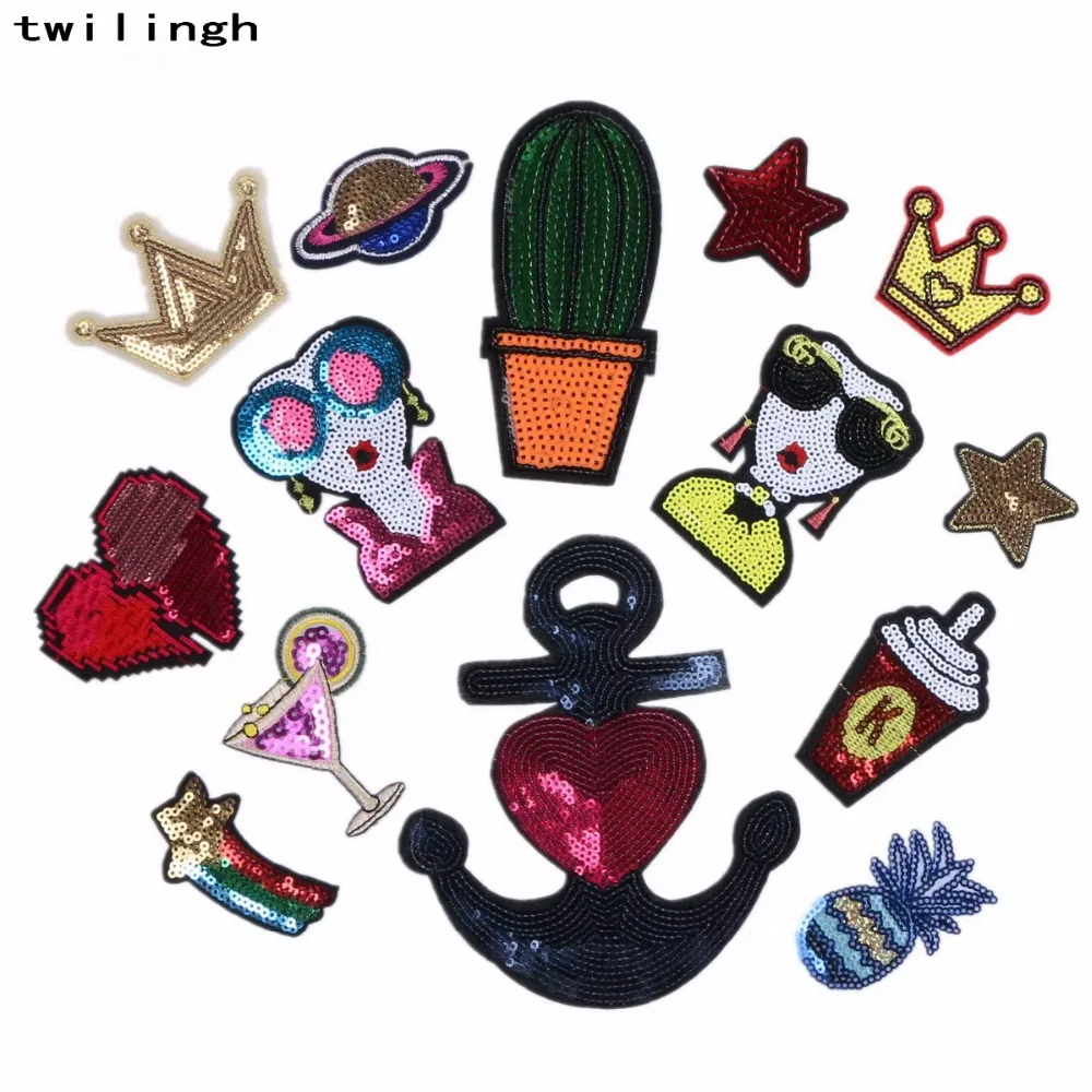 

1 pcs/lot Brand Embroidered Patches Crown Cactus Star Sequin Patch Iron On Fabric Badge Sew On Clothes Appliques DIY Stickers