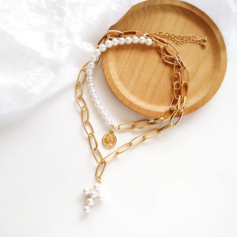 

Simple Temperament Hip Hop Jewelry Fashion Female Accessories Personality Double Chain Imitation Pearl Cross Pendant Necklace