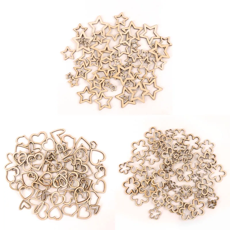 Handmade Wooden Crafts Accessory Home Decoration Scrapbookings DIY Mix Natural Wooden Hollow Flower Star Heart 10-30mm 50pcs