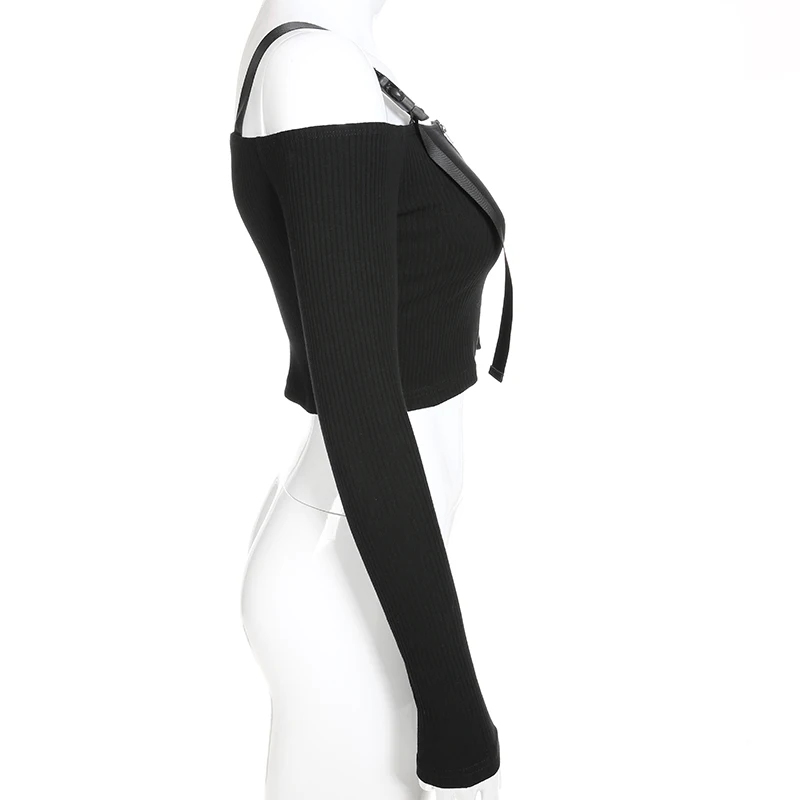 Черная укороченная футболка Weekeep с вырезом-лодочкой, футболка с регулируемым ремешком и длинным рукавом, модная уличная одежда, укороченный топ на молнии спереди