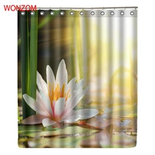 WONZOM Sunrise Lake Shower Curtain Fabric Bamboo Bathroom Decor Decoration Cortina De Bano Polyester Lotus Bath Curtain And Hook