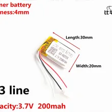 3 линии хорошего качества 3,7 V, 200 mAH, 402030 полимерный литий-ионный/литий-ионная аккумуляторная батарея для игрушка, портативное зарядное устройство, gps, mp3, mp4