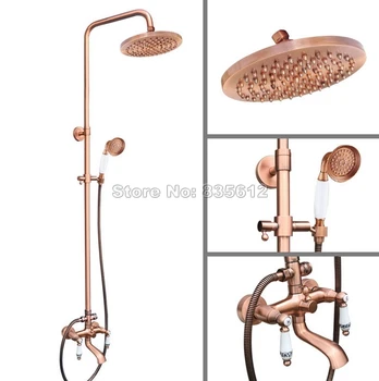 

Wall Mounted Bathroom Dual Ceramic Handles Bathtub Mixer Tap Antique Red Copper Rain Shower Faucet Set W/Handheld Shower Wrg546