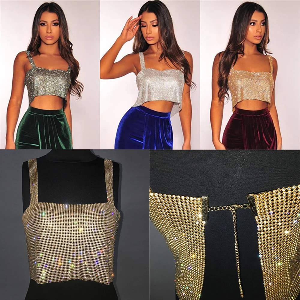 

2019 Glitter Nightclub Backless Rhinestone Tank Top Gold Sequined Metal Diamonds Crop Tops Vest Tee Shirt Glitter Crystal Tops