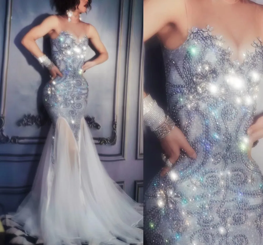 

Silver Rhinestones Sleeveless Trailing Long Dress Women Dance Bar Show Dress Evening Party Birthday One Piece Outfit Stage Wears