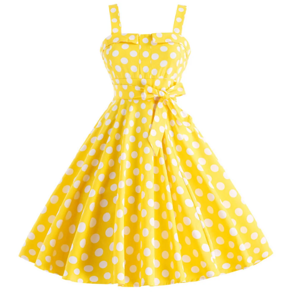 

Wipalo Plus Size Vintage Party Dress Yellow Polka Dot Print Pleated Retro 50s Rockabilly Robe Dress Casual A-Line Women Vestidos