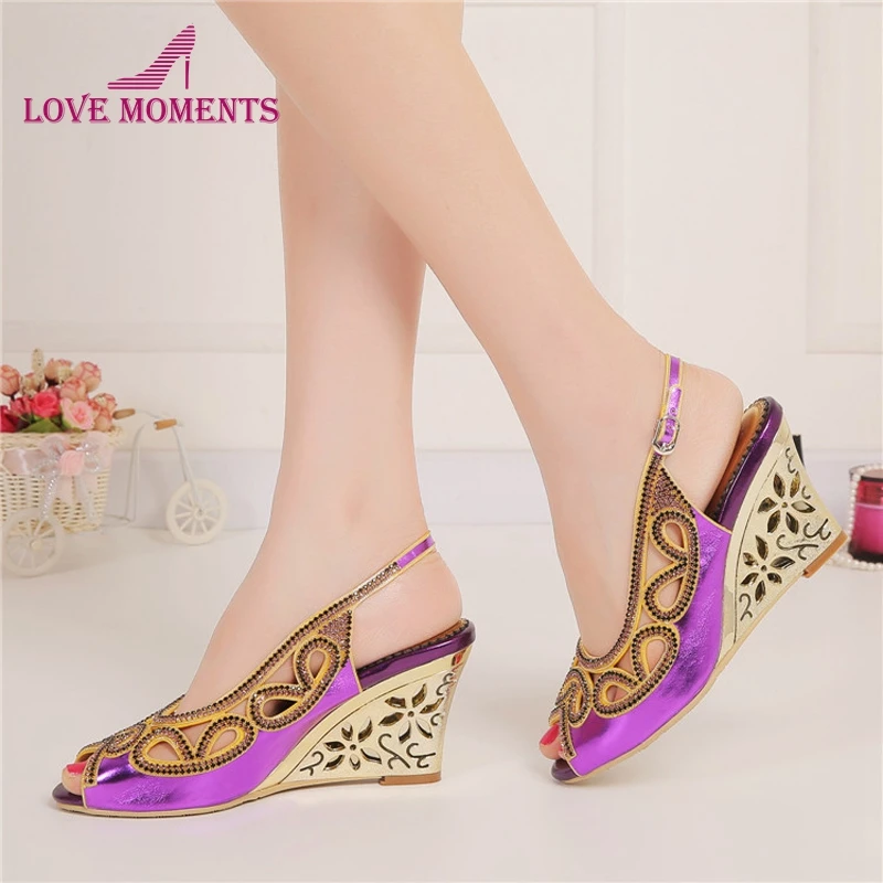 Purple Summer Sandal Wedge Heel Peep Toe Rhinestone Fashion Women Dress Shoes Slingback Nightclub Party Prom Wedding Pumps | Обувь